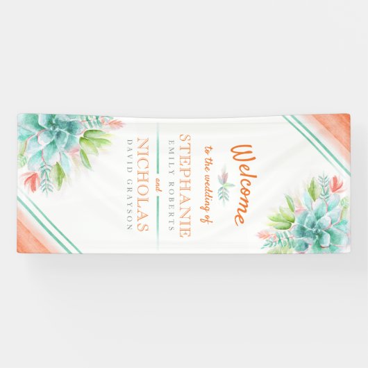 Succulent groen sinaasappel bruiloft kunst welkom spandoek (Horizontaal)