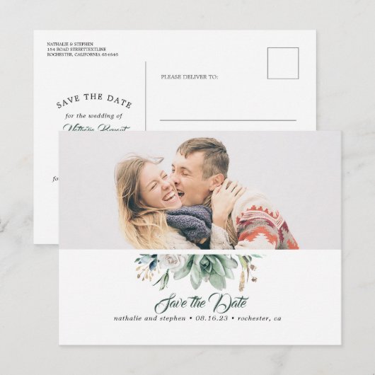 Succulent groen wit roos de datum opslaan foto aankondigingskaart (Voorkant / Achterkant)