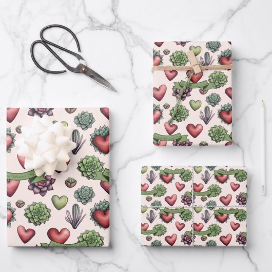 Succulent Heart Waterverf Valentijnsdag Pattern Inpakpapier Vel (Voorkant)