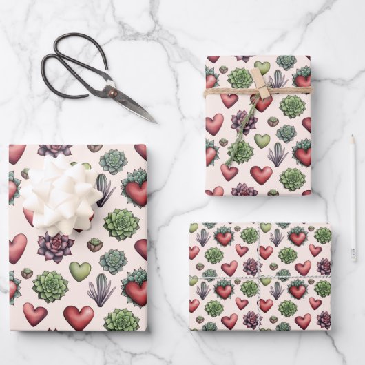 Succulent Heart Waterverf Valentijnsdag Pattern Inpakpapier Vel (Voorkant)