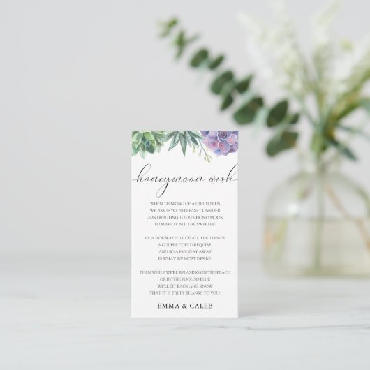 Succulent Honeymoon Wish Fund Enclosure Card Informatiekaartje (Staand voorkant)