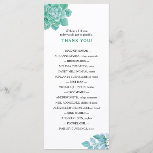 Succulent huwelijksprogramma 3973 programmakaart (Achterkant)