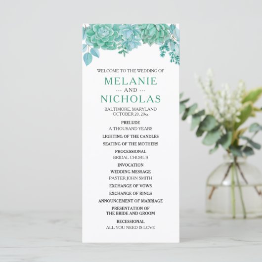 Succulent huwelijksprogramma 3973 programmakaart (Staand voorkant)