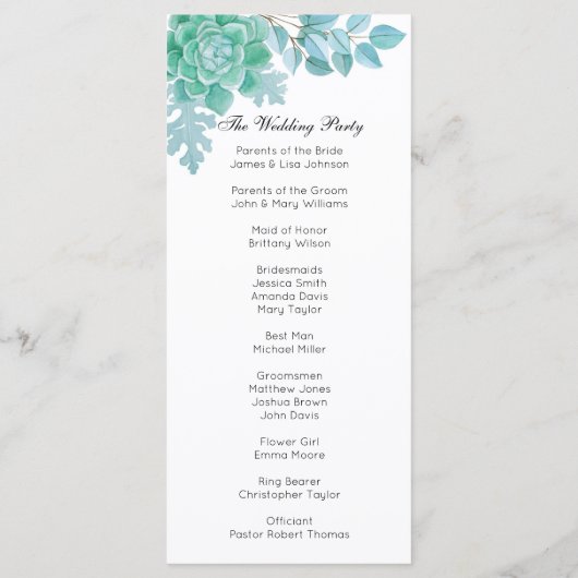 Succulent huwelijksprogramma. Munt cactus ceremoni Programmakaart (Achterkant)