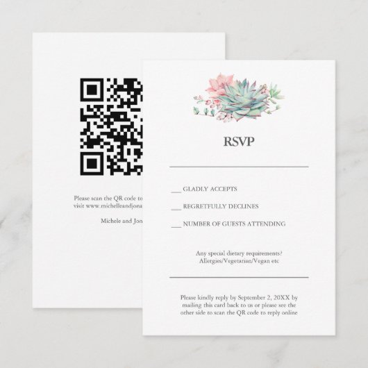 Succulent Hybrid Wedding RSVP Card with QR Code Kaart (Voorkant / Achterkant)