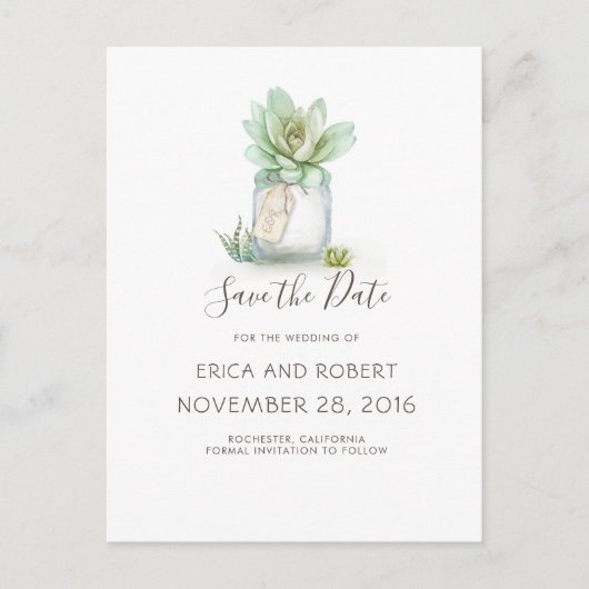 Succulent Mason Jar Rustic Save the Date Aankondigingskaart (Voorkant)