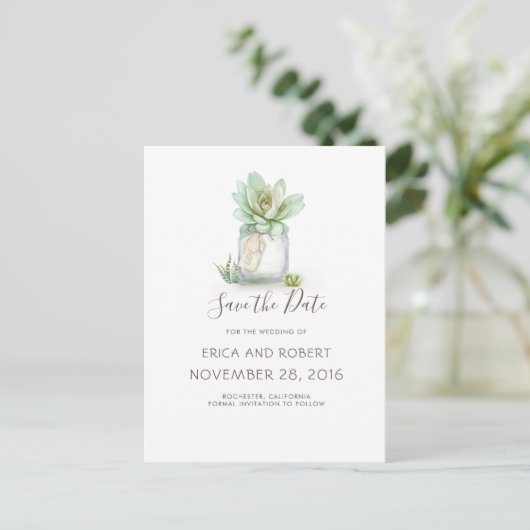 Succulent Mason Jar Rustic Save the Date Aankondigingskaart (Staand voorkant)