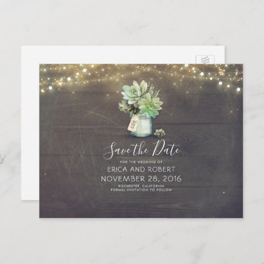 Succulent Mason Jar Rustic Save the Date Aankondigingskaart (Voorkant / Achterkant)
