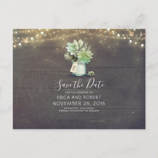 Succulent Mason Jar Rustic Save the Date Aankondigingskaart (Voorkant)