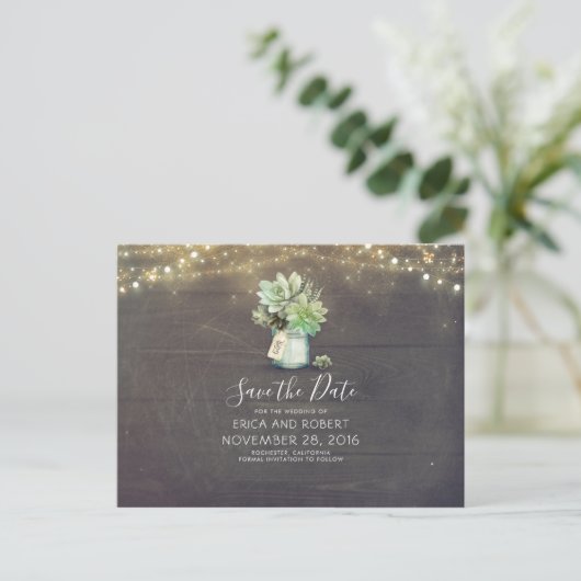 Succulent Mason Jar Rustic Save the Date Aankondigingskaart (Staand voorkant)