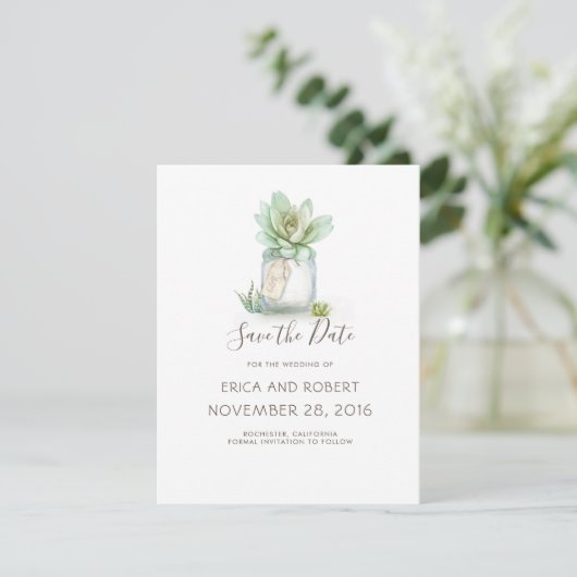 Succulent Mason Jar Save the Date Digital Download Feestdagenkaart (Staand voorkant)