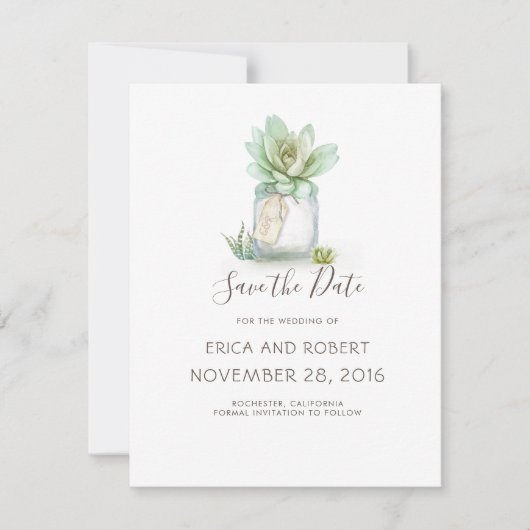 Succulent Mason Jar Save the Date Digital Download Feestdagenkaart (Voorkant)