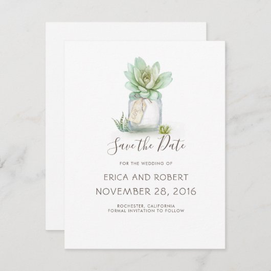 Succulent Mason Jar Save the Date Digital Download Feestdagenkaart (Voorkant / Achterkant)