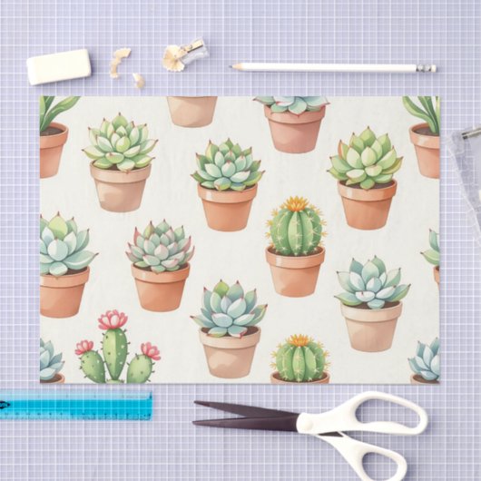 Succulent Plants Seamless Pattern Terracotta Pots Tissuepapier (Craft)