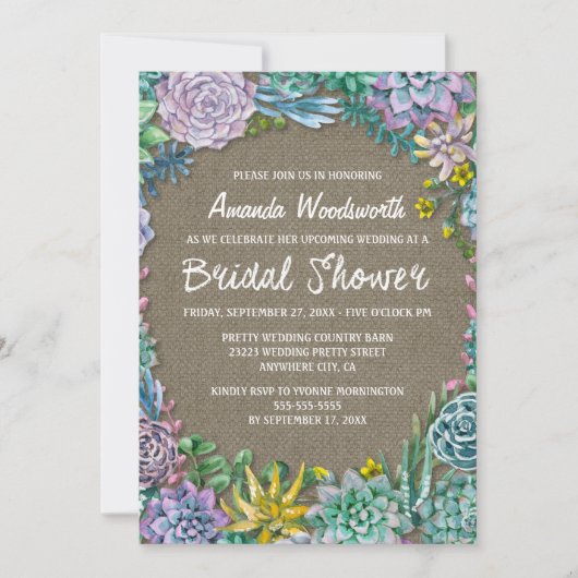 Succulent Rustic Burlap Bridal Shower Invitations Kaart (Voorkant)