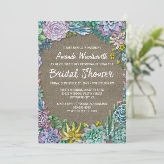 Succulent Rustic Burlap Bridal Shower Invitations Kaart (Staand voorkant)
