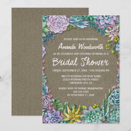 Succulent Rustic Burlap Bridal Shower Invitations Kaart (Voorkant / Achterkant)