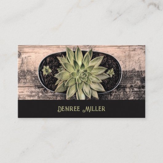 Succulent Rustic Wood  Green Black Visitekaartje (Voorkant)