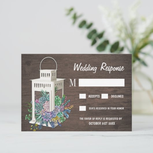 Succulent Rustieke Houten Lantaarn Bruiloft RSVP K (Staand voorkant)