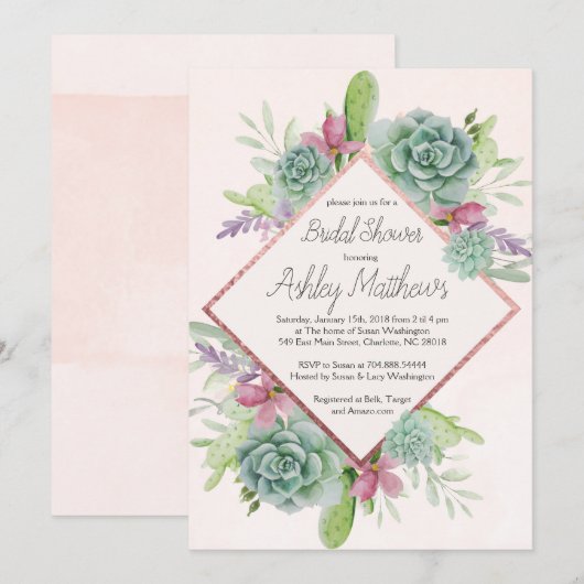Succulent Shower Invitation, cactus Kaart (Voorkant / Achterkant)