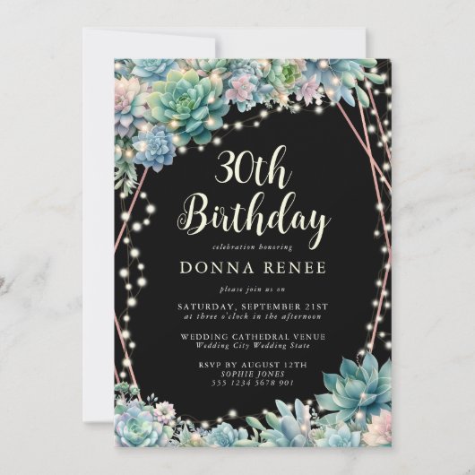 Succulent String Lights Zwart 30e verjaardag Kaart (Voorkant)