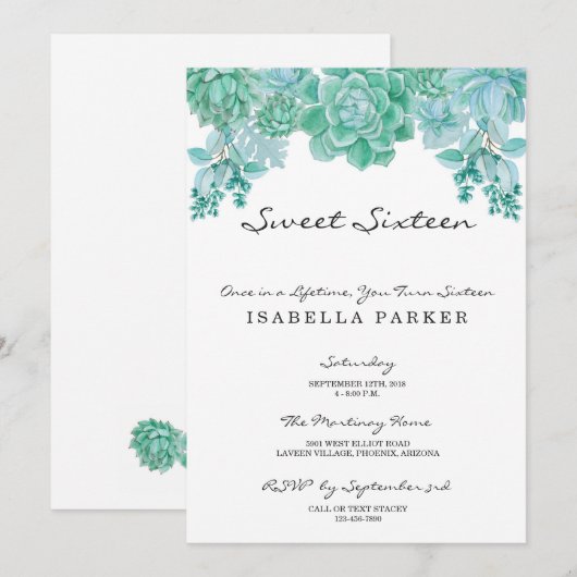 Succulent Sweet Sixteen Uitnodiging (Voorkant / Achterkant)