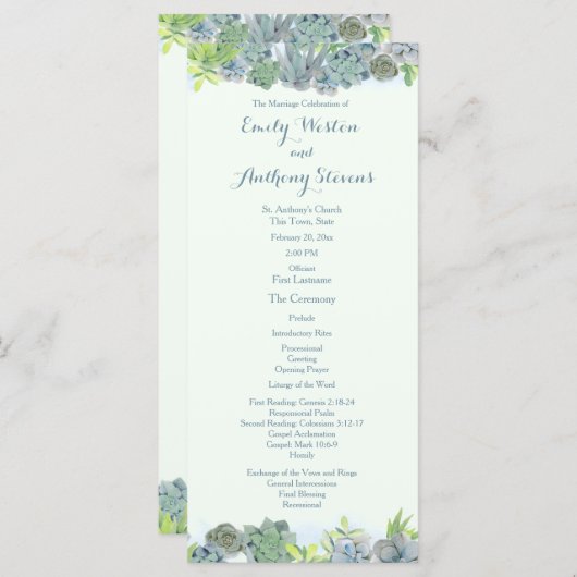 Succulent Tuin Staal Blauw Huwelijksprogramma Programmakaart (Voorkant / Achterkant)