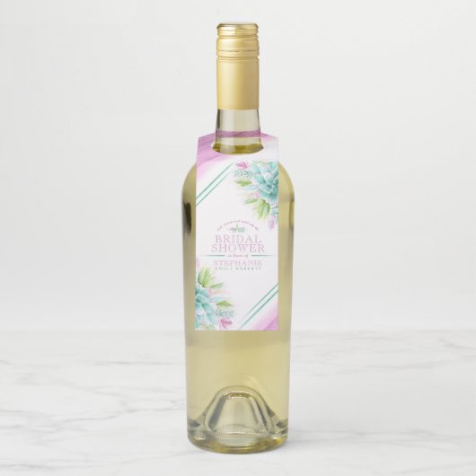 Succulent waterverf art groen roze bruiloft custom flessenhanger (Op fles)