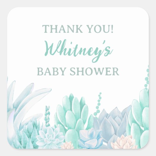 Succulent Waterverf Baby Boy Shower Dank je Vierkante Sticker (Voorkant)