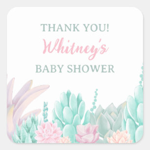 Succulent Waterverf Baby Meisje Douche Dank je Vierkante Sticker