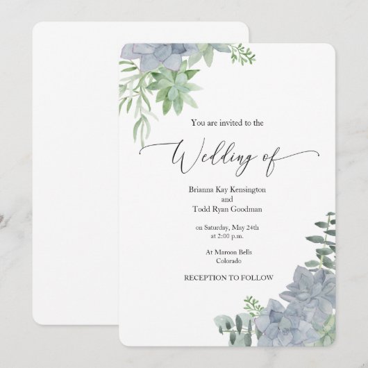 Succulent Waterverf Botanical Wedding Invitation. Kaart (Voorkant / Achterkant)