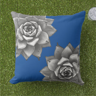 Succulent Waterverf Grijs op Blauw Buitenkussen