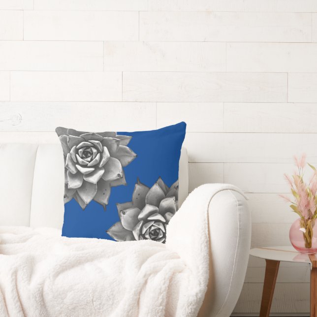 Succulent Waterverf Grijs op Blauw Kussen (Bank)