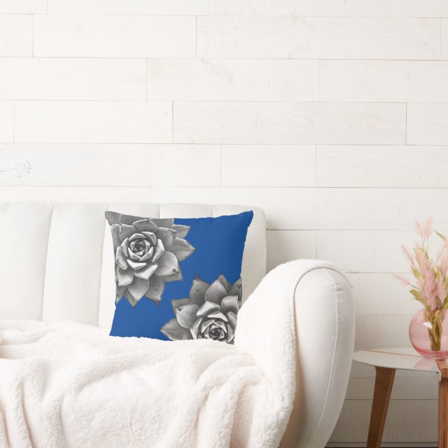 Succulent Waterverf Grijs op Blauw Kussen (Bank)