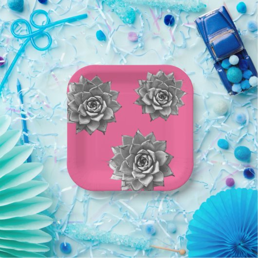 Succulent Waterverf Grijs op Hot Pink Papieren Bordje (Feest)