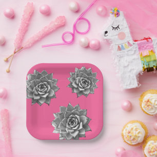 Succulent Waterverf Grijs op Hot Pink Papieren Bordje