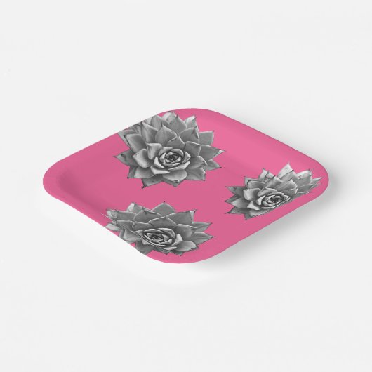 Succulent Waterverf Grijs op Hot Pink Papieren Bordje (Gebogen)