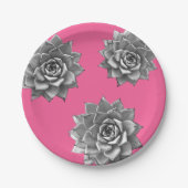 Succulent Waterverf Grijs op Hot Pink Papieren Bordje (Voorkant)