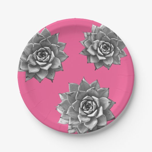 Succulent Waterverf Grijs op Hot Pink Papieren Bordje (Voorkant)