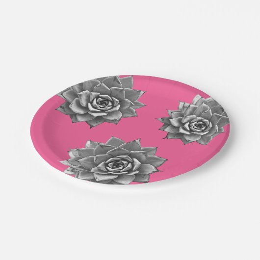 Succulent Waterverf Grijs op Hot Pink Papieren Bordje (Gekanteld)