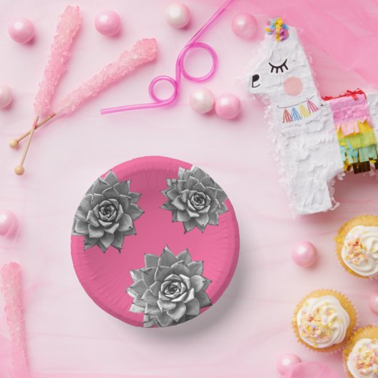 Succulent Waterverf Grijs op Hot Pink Papieren Kommen (Feest)