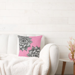 Succulent Waterverf Grijs op Roze Kussen