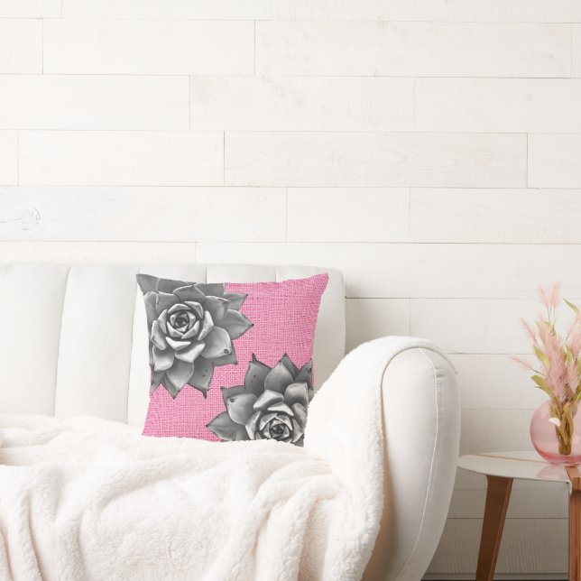 Succulent Waterverf Grijs op Roze Kussen (Bank)