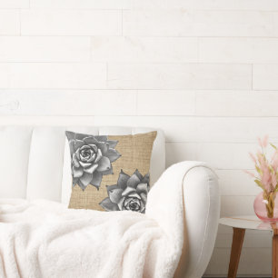 Succulent Waterverf grijs op Tan Burlap Kussen