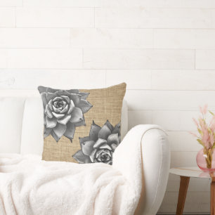 Succulent Waterverf grijs op Tan Burlap Kussen
