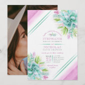 Succulent waterverf groen paarse foto bruiloft kaart (Voorkant / Achterkant)