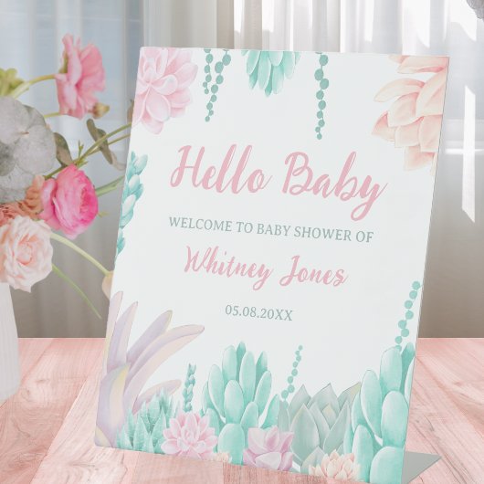 Succulent Waterverf Schattige Meisje Baby shower W Reclamebord Met Voetstuk