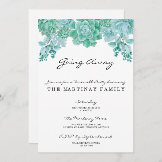 Succulent weggaan partijuitnodiging kaart (Voorkant / Achterkant)