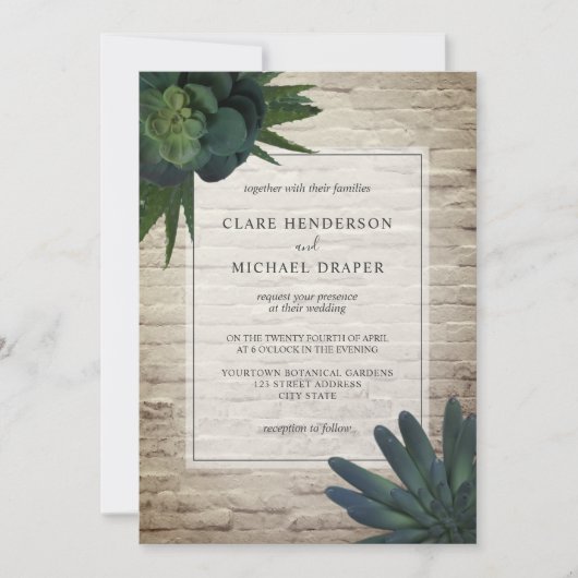 Succulent White Brick Wedding Invitation Kaart (Voorkant)