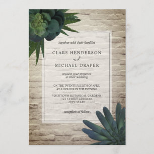 Succulent White Brick Wedding Invitation Kaart